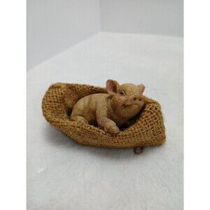 ​Miniature Sleeping Piglet in Burlap Sack Resin Figurine Farmhouse Fairy Garden